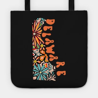 Delaware State Design | Artist Designed Illustration Featuring Delaware State Outline Filled With Retro Flowers with Retro Hand-Lettering Tote