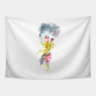 Abstract Male Watercolor Portrait with Wildflowers Bouquet Tapestry