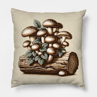 Shiitake Mushrooms on Fallen Tree: Vintage Cottage Core Pillow