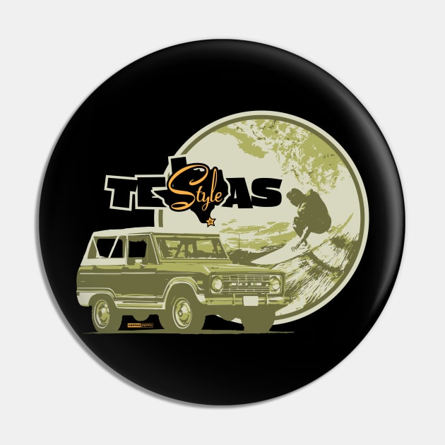 Texas-Style Surfer with Ford Bronco in olive drab Pin by CamcoGraphics