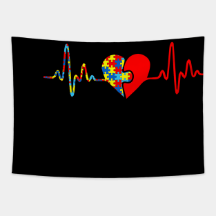 Heart Puzzle Piece Heartbeat Autism Awareness Men Women Kids Tapestry