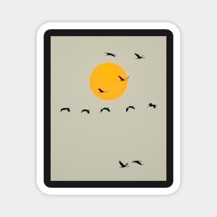 Common Cranes Flying in Front of Orange Setting Sun Magnet