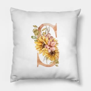 Watercolor sunflower bouquet monogram letter S Pillow