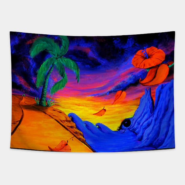 Tropical Trippy Hippie Flower Beach Sunset Tapestry by VincentMonaco