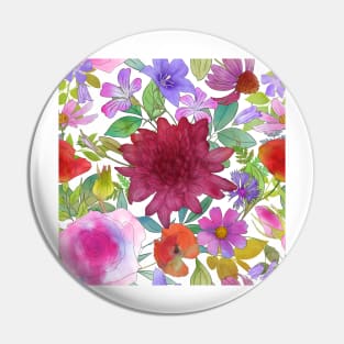 Summer wildflowers and leaves watercolor botanical illustration. Peony, Hryzanthemium, Rose, Poppy, Balloon flowers. Pin