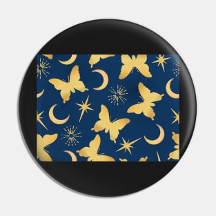 Gold Stamped Butterflies and Sunbursts on Blue Pin