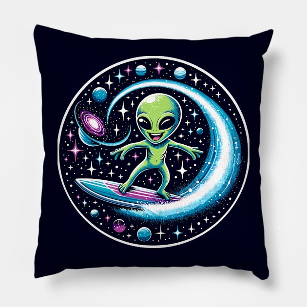 Alien surfing in outer space Pillow by Art_Boys