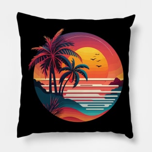 Summer Sunset Palm Tree Beach Ocean Artistic Paradise Pillow