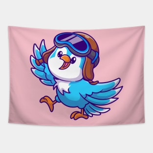 Cute Bird Waving Hand With Pilot Hat Cartoon Tapestry