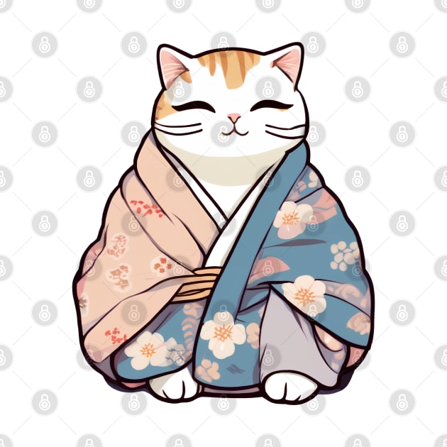 Cute Cat in a Japanese Kimono by InkPulse