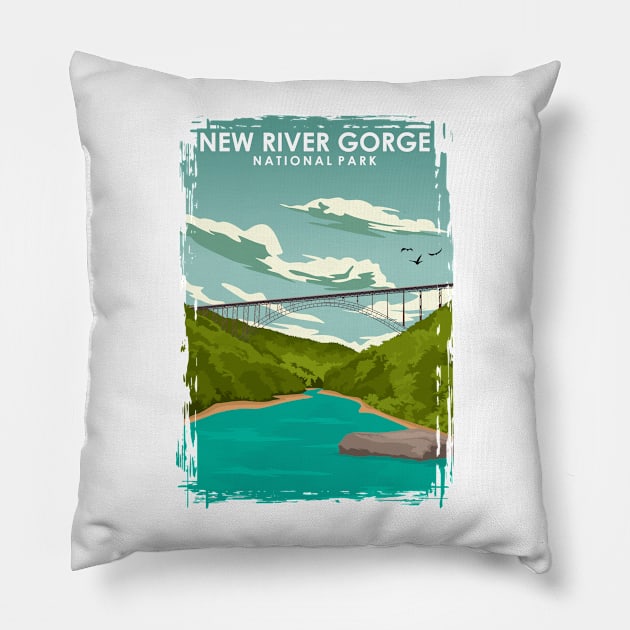 New River Gorge National Park Travel Poster Pillow by jornvanhezik