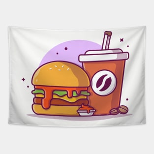 Burger with Coffee and Ketchup Cartoon Vector Icon Illustration Tapestry