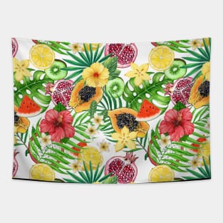 Tropical mix-fruit, flowers and leaves on white Tapestry