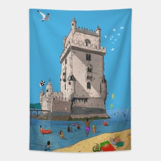 Belém Tower, Tower of Saint Vincent Lisbon Whimsical Illustration Tapestry