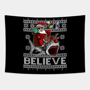 BELIEVE Santa Claus Rudolph the Rednose Shark CHRISTMAS UGLY SWEATER Tapestry