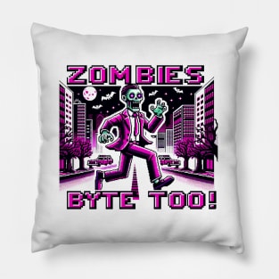 Neon Pink 8-Bit Zombie Chase in Cyberpunk City: Retro Gaming Art Pillow