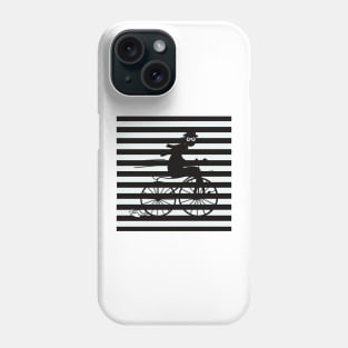 Black and white striped pattern with a shady cyclist running fast on an old bicycle Phone Case