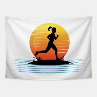 Sunset woman running Tapestry