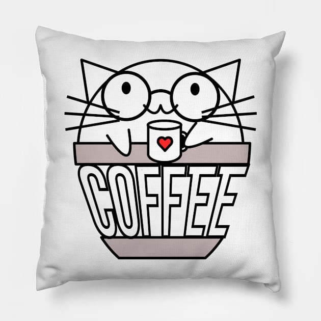 Cat in coffee cup with warped text holding coffee cup with heart wearing glasses Pillow by coffeewithkitty