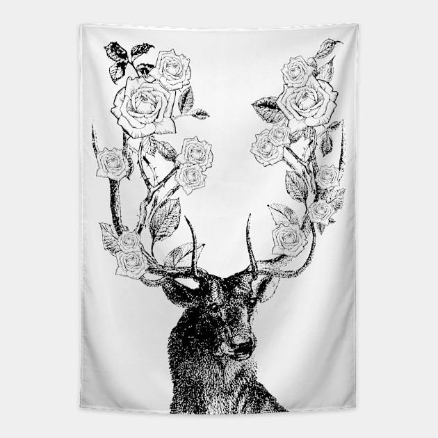 Stag and Roses | Stag and Flowers | Black and White | Tapestry by Eclectic At Heart