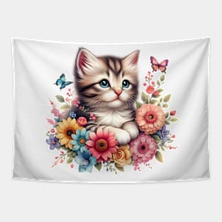 A cat decorated with beautiful colorful flowers. Tapestry