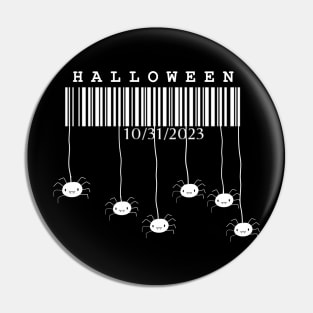 Halloween, white barcode with spiders on black background Pin