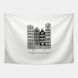 Four old houses. Amsterdam, Netherlands. Realistic black and white poster. Tapestry