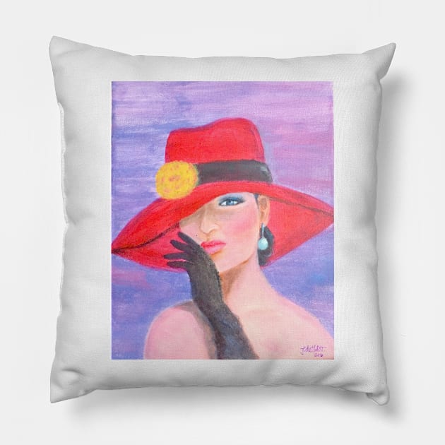 Incognito. Elegant lady wearing a red hat Pillow by JedethDT