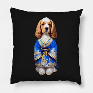 Playful Cocker Spaniel in Elegant Blue Kimono - Adorable and Charming Pillow