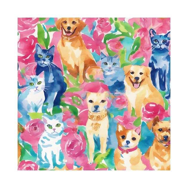 Cats, dogs and roses watercolor painting by SophieClimaArt