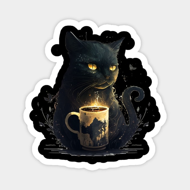 Black Cat Drinking Coffee, Coffee Cat Lover Magnet by logiamerch