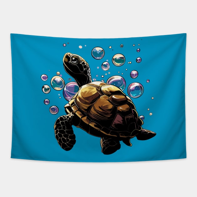 Sea turtle, eat my bubbles Tapestry by TomFrontierArt