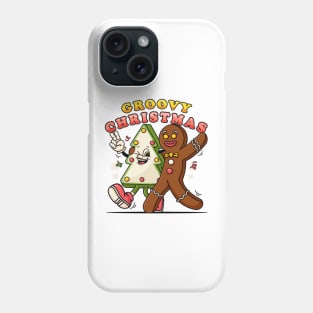 Groovy Christmas, Gingerbread Men and pine tree cookie characters walk together Phone Case