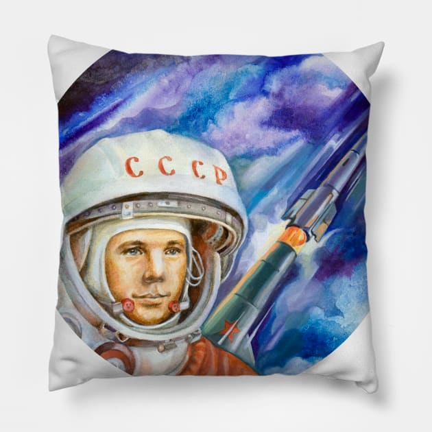 First Man In Space Pillow by Daria Kusto