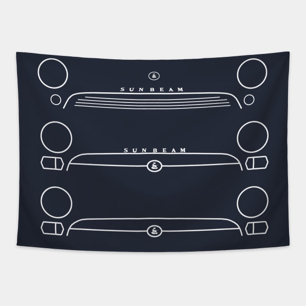 Sunbeam Alpine Series I-V classic British car evolution white outlines Tapestry by soitwouldseem