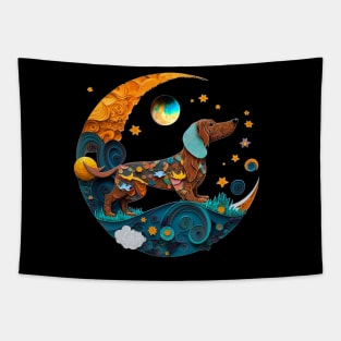 Dachshund Dog Fantasy Cute Crescent Moon Paper Quilling Digital Painting Tapestry