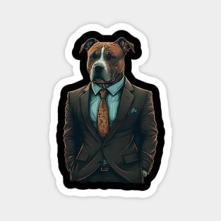 Suave and Successful: The Brown and White Pitbull in a Tailored Dark Suit - A Unique Marketing Design for the Modern Business Dog Magnet