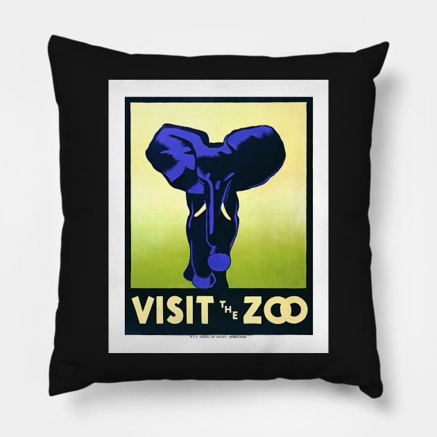 Restored Vintage WPA Blue Elephant Poster for Philadelphia Zoo Pillow by vintageposterco