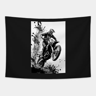 Dirt bike wheelie - black silhouette, white background Tapestry