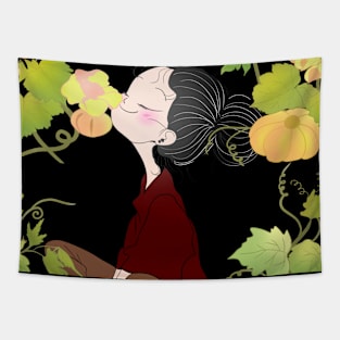 Serene Girl Surrounded by Pumpkin Vines, Blossoms, and Leaves in a Magical Setting Tapestry