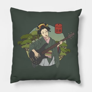 Japanese Geisha Girl Bass Guitar Player Vintage Art Pillow