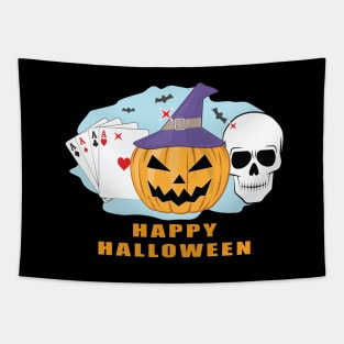 Happy Poker Halloween - Spooky Skull, Pumpkin & Cards Tapestry