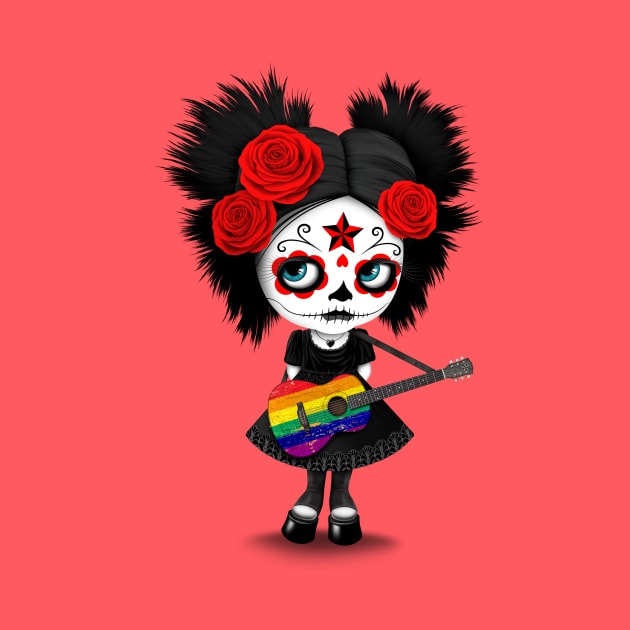 Sugar Skull Girl Playing Gay Pride Rainbow Flag Guitar by jeffbartels