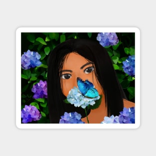 Girl with Hydrangeas and Blue Morpho Butterfly Magnet