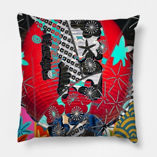 Red Japanese Lanterns Night Street Lights Lamps Floral Pattern Collage Art 86 Pillow