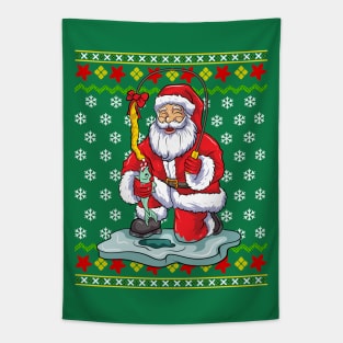 Ice Fishing Santa Claus Fisherman Ugly Christmas Sweater Tapestry