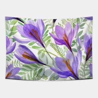 Crocus transparent flowers and green spring leaves composition. Watercolor translucent Saffron Crocus blossom Tapestry