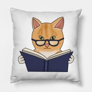 Cat in glasses reading book (fluffy orange cat) Pillow