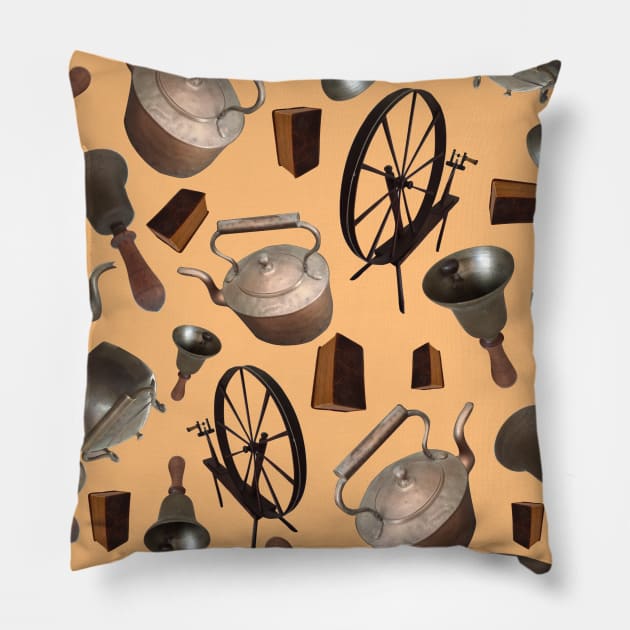 Bells, Books, Spinning Wheels and Kettles on Beige Pillow by ArtticArlo