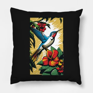 Hummingbird Vibrant Tropical Flower Tall Retro Vintage Digital Pop Art Portrait Pillow